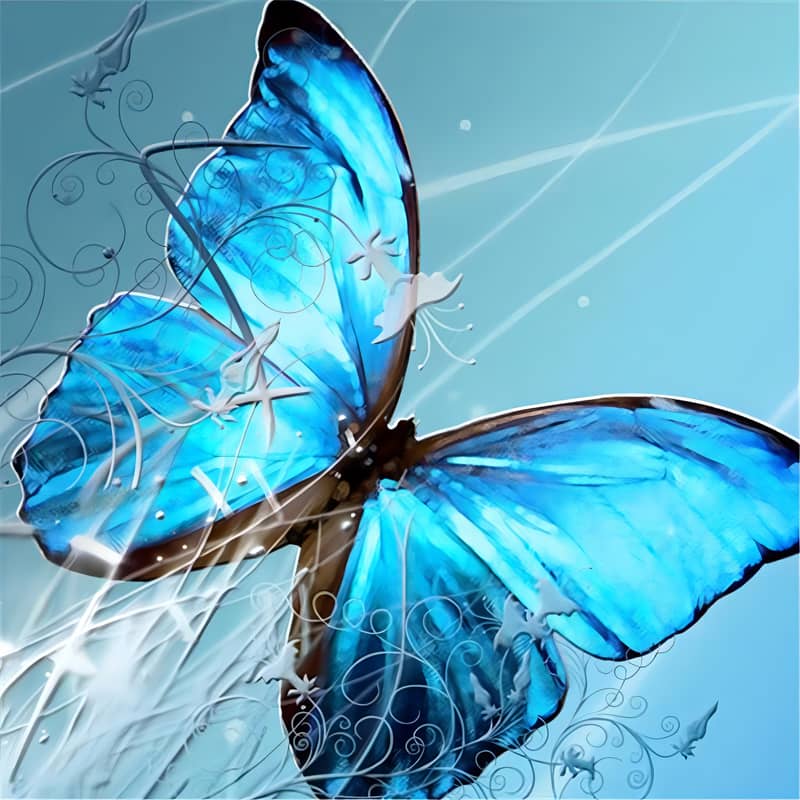 Close-up of a vibrant blue butterfly with intricate wing designs, set against a light blue background with delicate floral patterns.