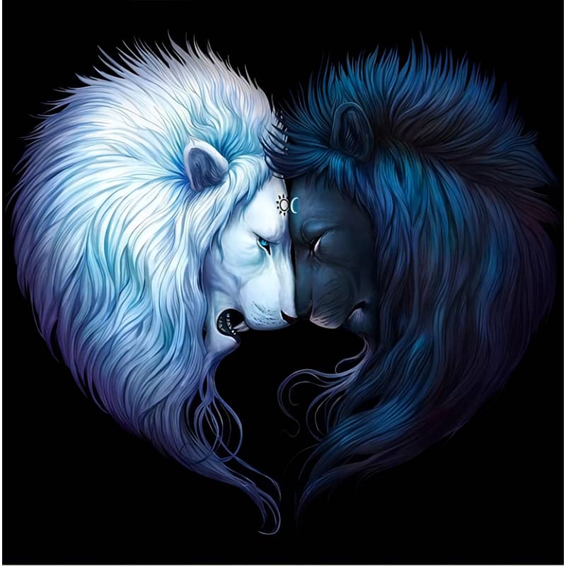 Artwork of a white lion and a blue-black lion forming a heart with their faces on a black background