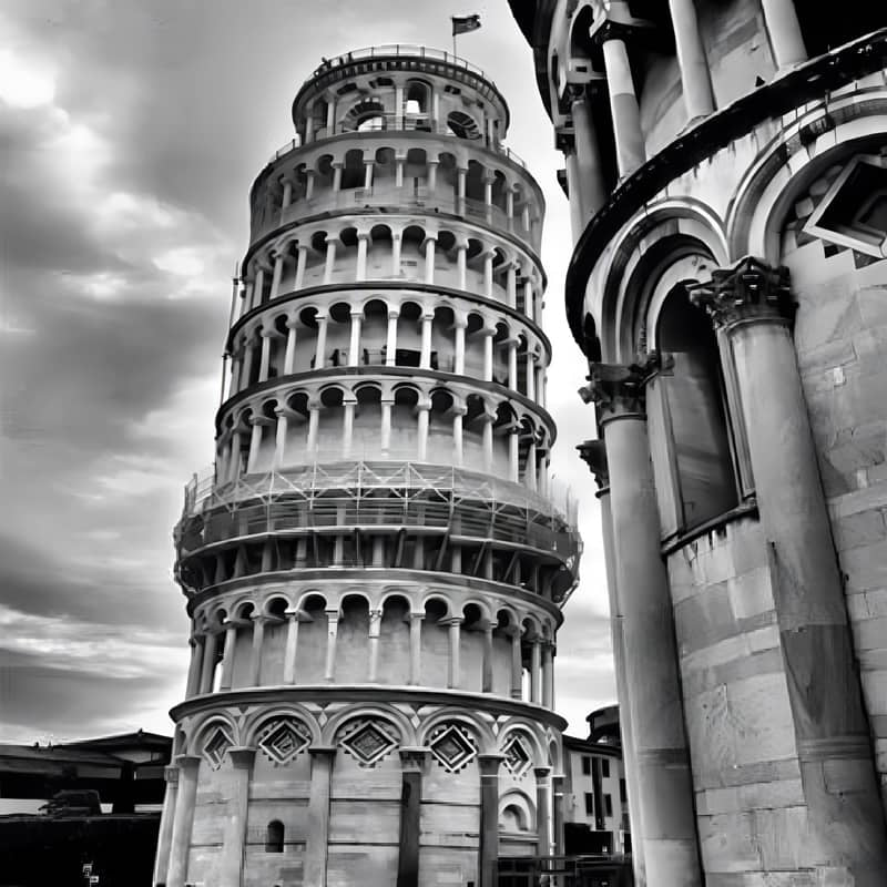 The Leaning Tower of Pisa with dramatic clouds in the background.
