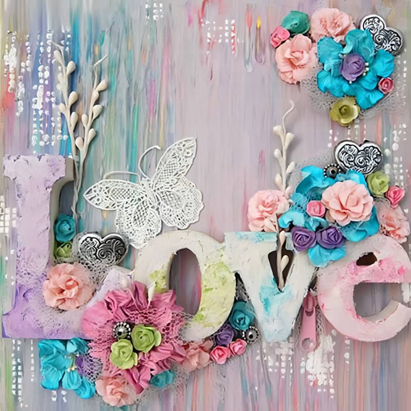 "Colorful love-themed art with pastel flowers and a white butterfly on a textured background"