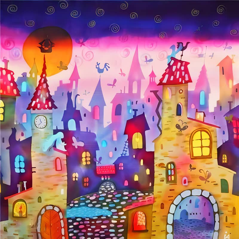 Colorful surreal cityscape with whimsical buildings, vibrant skies, and flying creatures.