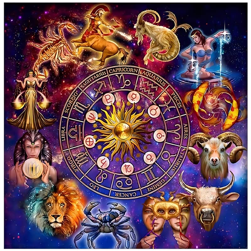 Zodiac signs illustration with astrological wheel and symbols for each zodiac sign, surrounded by colorful cosmic artwork.