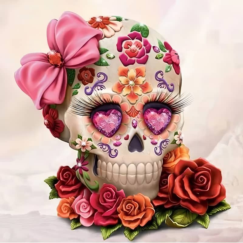 Decorative skull with colorful flowers, pink bow, and heart-shaped eyes