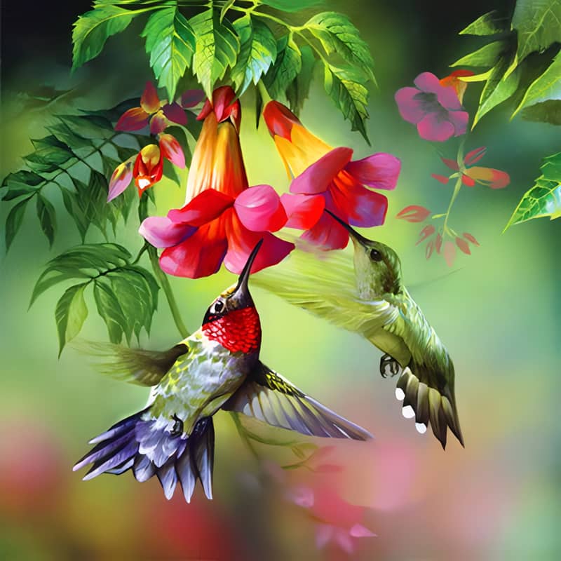 Two hummingbirds feeding from vibrant red and pink flowers in a lush green garden.