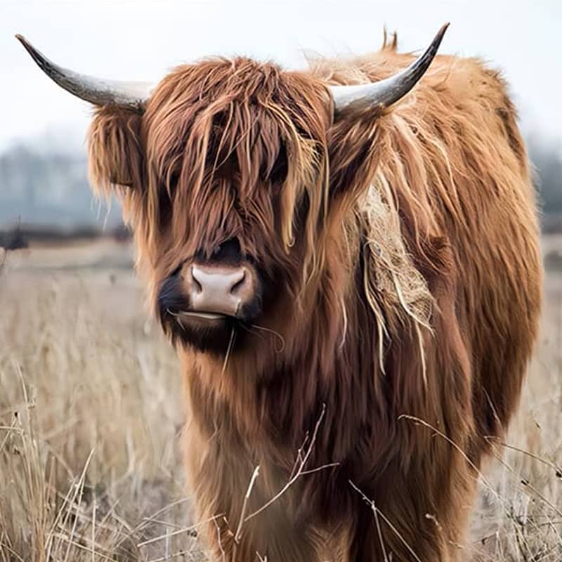 Furry brown water buffalo with long horns standing in a grassy field.