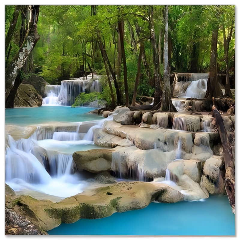 Tropical waterfall cascading over rocky ledges into turquoise pools amidst lush green forest.