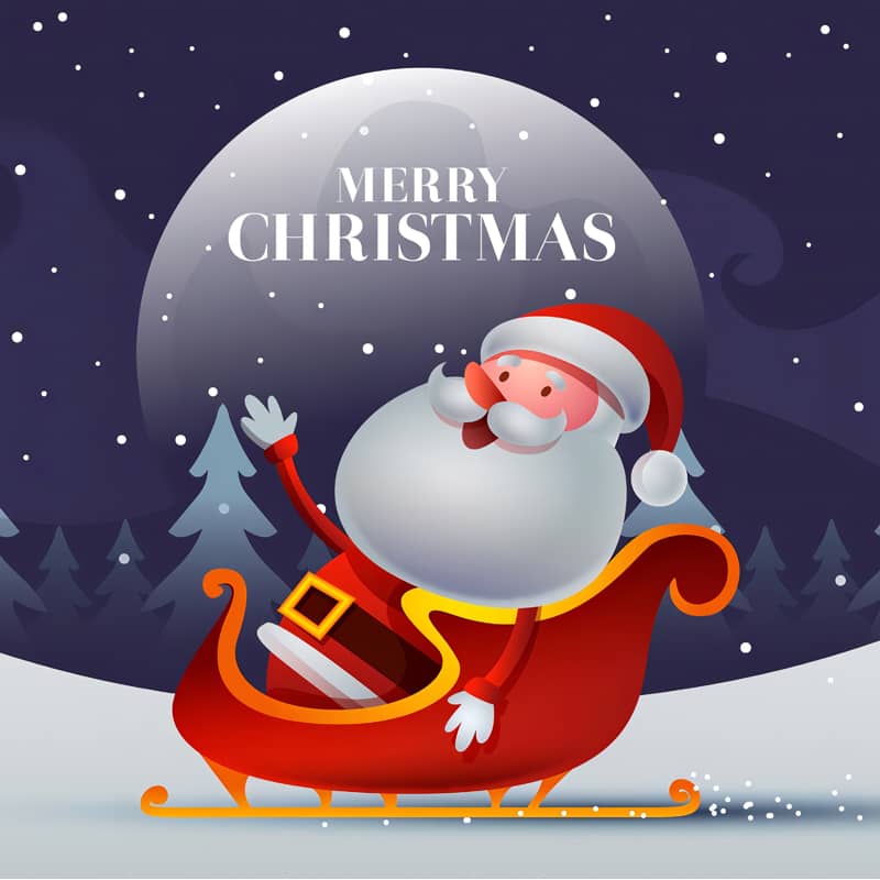 Santa Claus in a red sleigh waving with "Merry Christmas" text against a snowy night sky