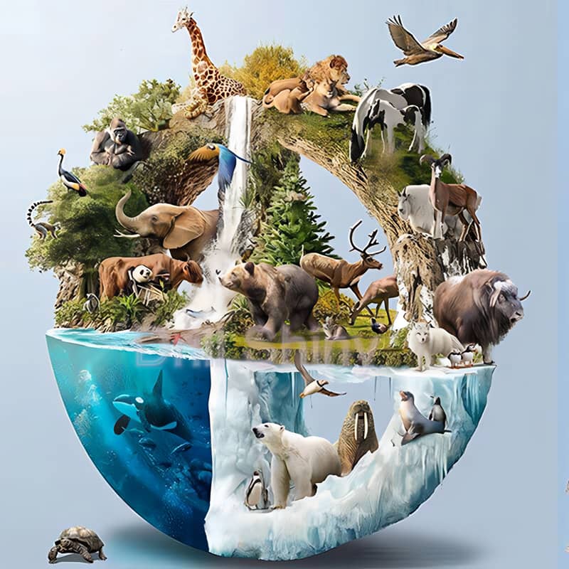 Artistic globe showcasing animals from various habitats including forests, oceans, and arctic, highlighting diverse wildlife around the world.