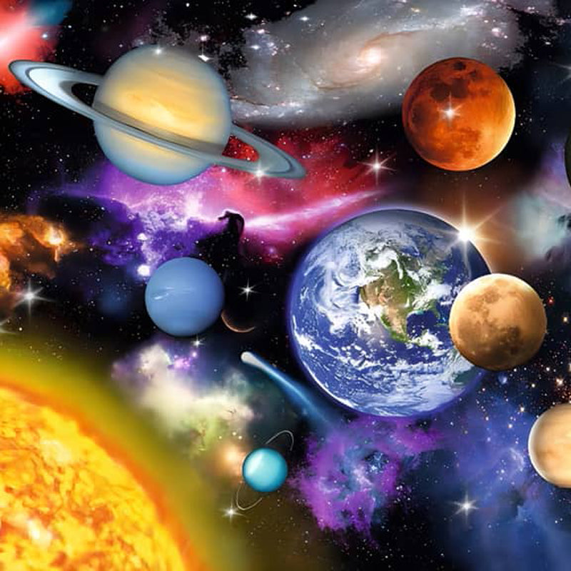 A vivid depiction of the universe featuring planets, stars, and galaxies in a colorful cosmic scene.