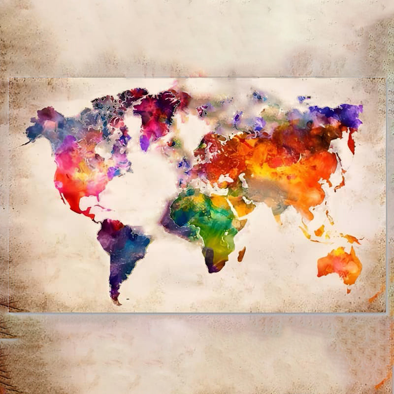 Colorful artistic world map illustration on textured background