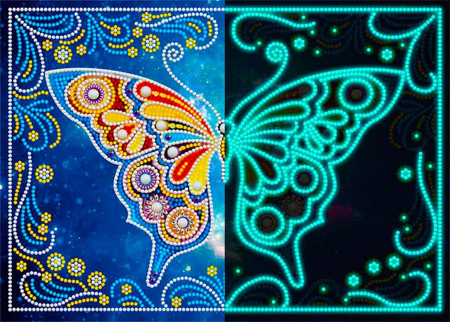 Glow in the dark diamond painting of a vibrant butterfly with bright colors and special glow effect at night.