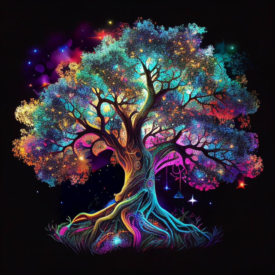 Brightly colored, mystical tree illustration with glowing branches and roots against a dark background.
