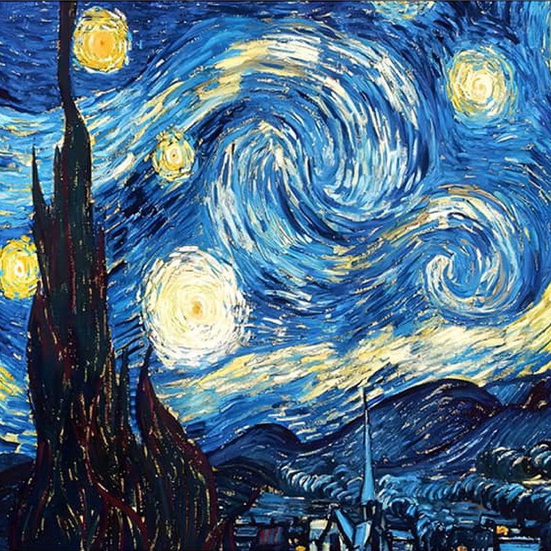 Famous painting with swirling night sky and bright stars over a village.