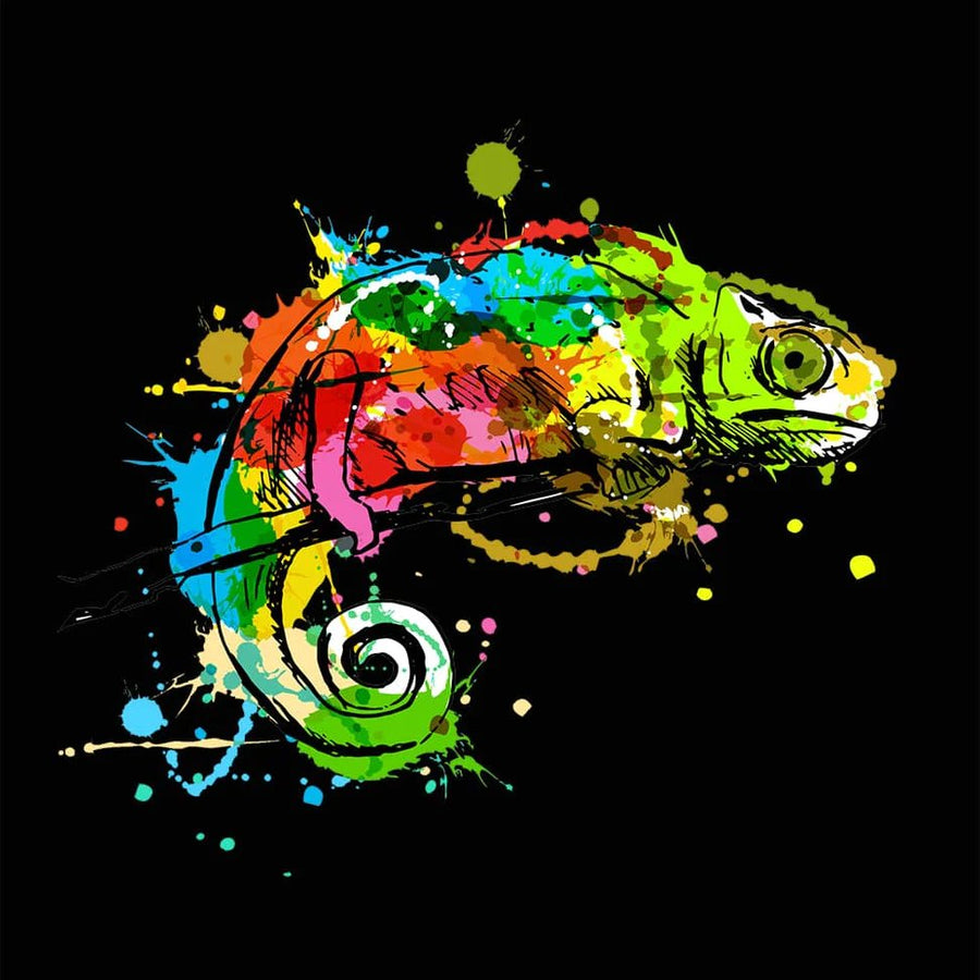 Vibrant multicolored chameleon art on black background.