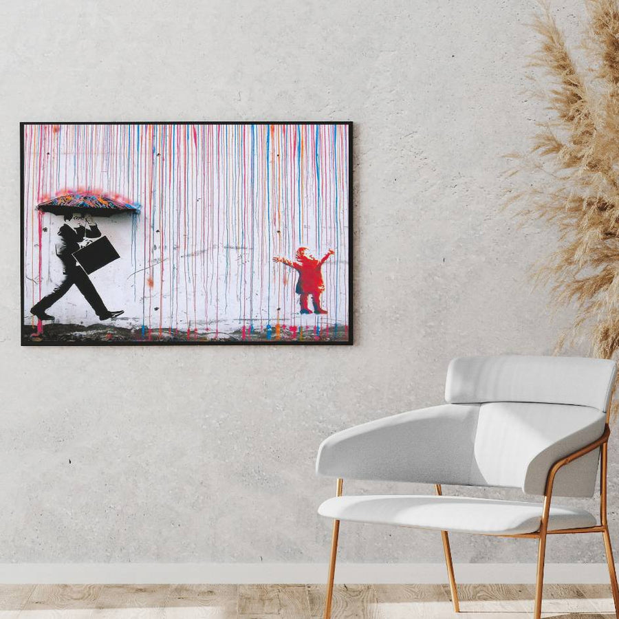 Modern street art painting of a man with an umbrella and a child in a contemporary living room setting with a white chair.