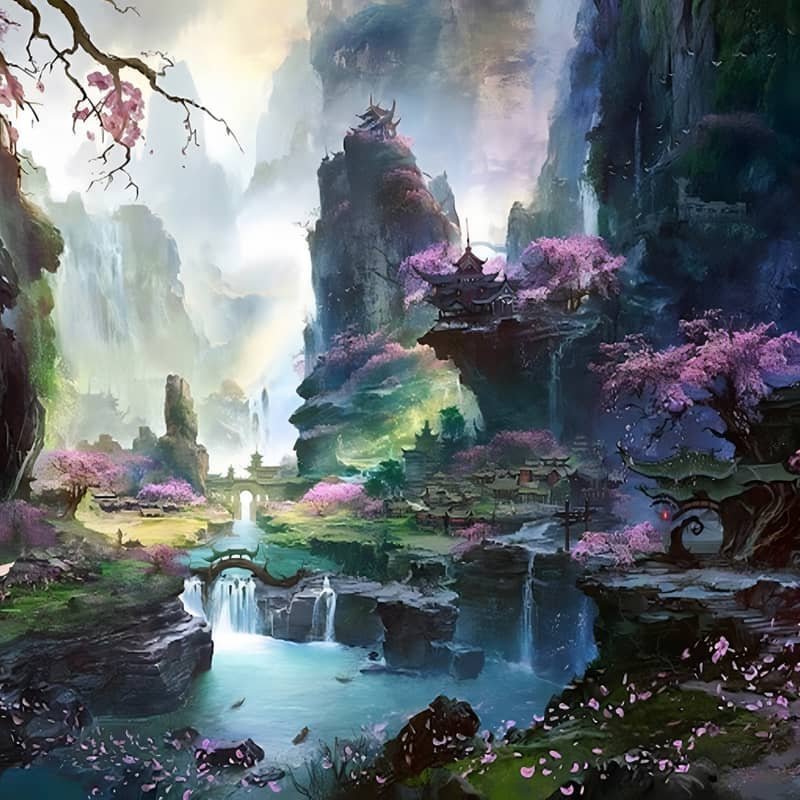Enchanted fantasy landscape with mystical mountains, waterfalls, cherry blossoms, and serene village in an ethereal Magic World.