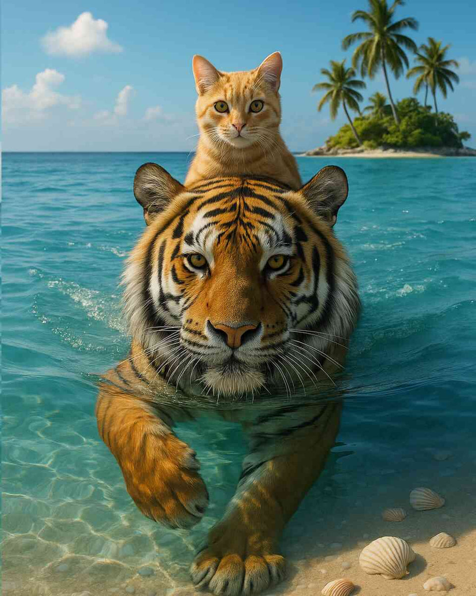 Cat swimming on tiger through the sea — Diamond Painting Kit design