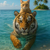 Cat swimming on tiger through the sea — Diamond Painting Kit design