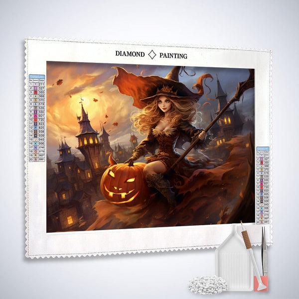 Halloween, witch riding a broom — Diamond Painting Kit, product view 2