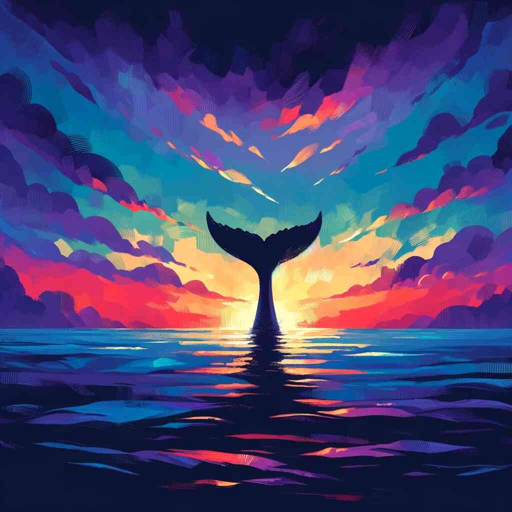 Majestic whale fluke at sunset, surrounded by a dramatic sky in purple, azure, and bright pink hues, capturing the essence of ocean dreams.