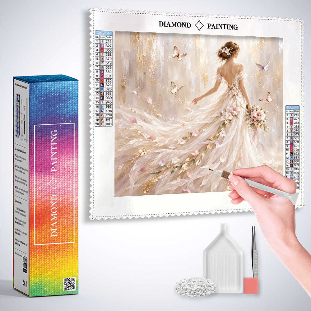 Woman with white dress, butterflies and flowers — Diamond Painting Kit, product view 3