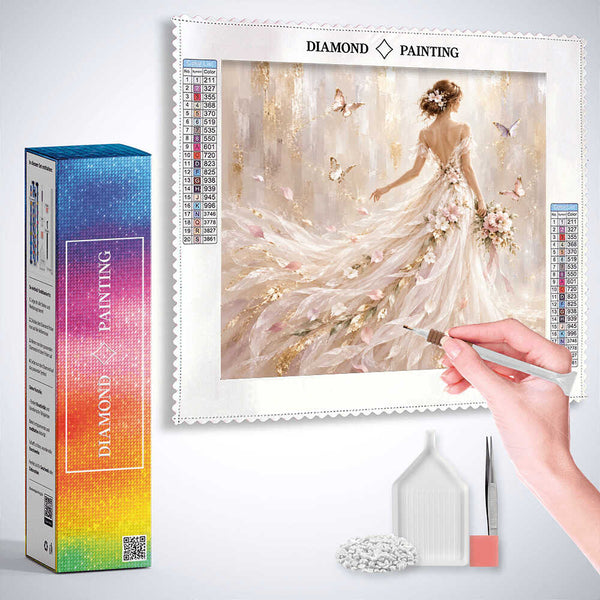 Woman with white dress, butterflies and flowers — Diamond Painting Kit, product view 3