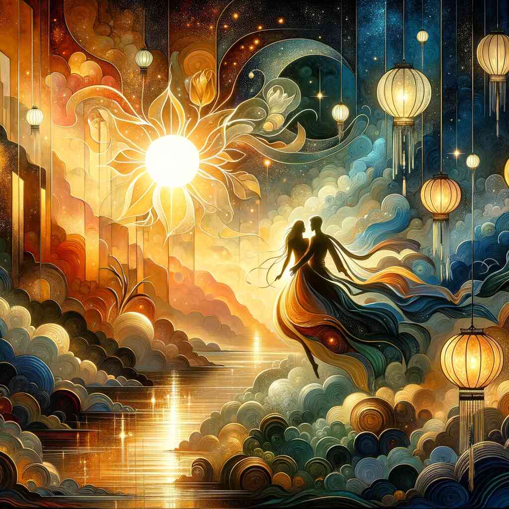 DIY diamond painting kit featuring a cosmic scene with a couple dancing amid golden and azure hues, stars, and lanterns