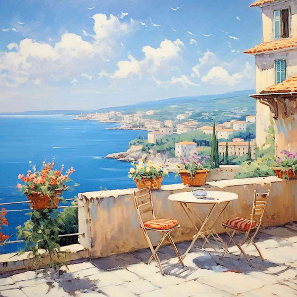 Mediterranean Dreams: A Coastal View — Diamond Painting Kit design