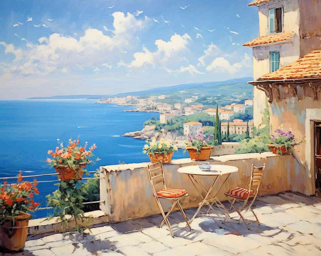 DIY Diamond Painting - Idyllic Mediterranean terrace overlooking coastal view with vibrant flowers, blue sea, and serene sunny sky.