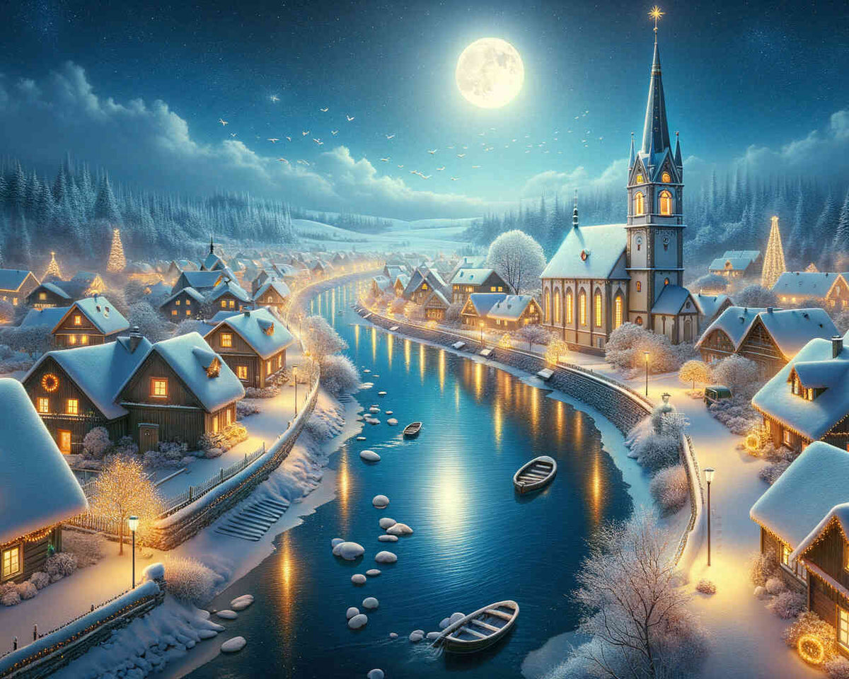 Winter Village by the River — Diamond Painting Kit design