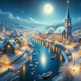 Winter Village by the River — Diamond Painting Kit design