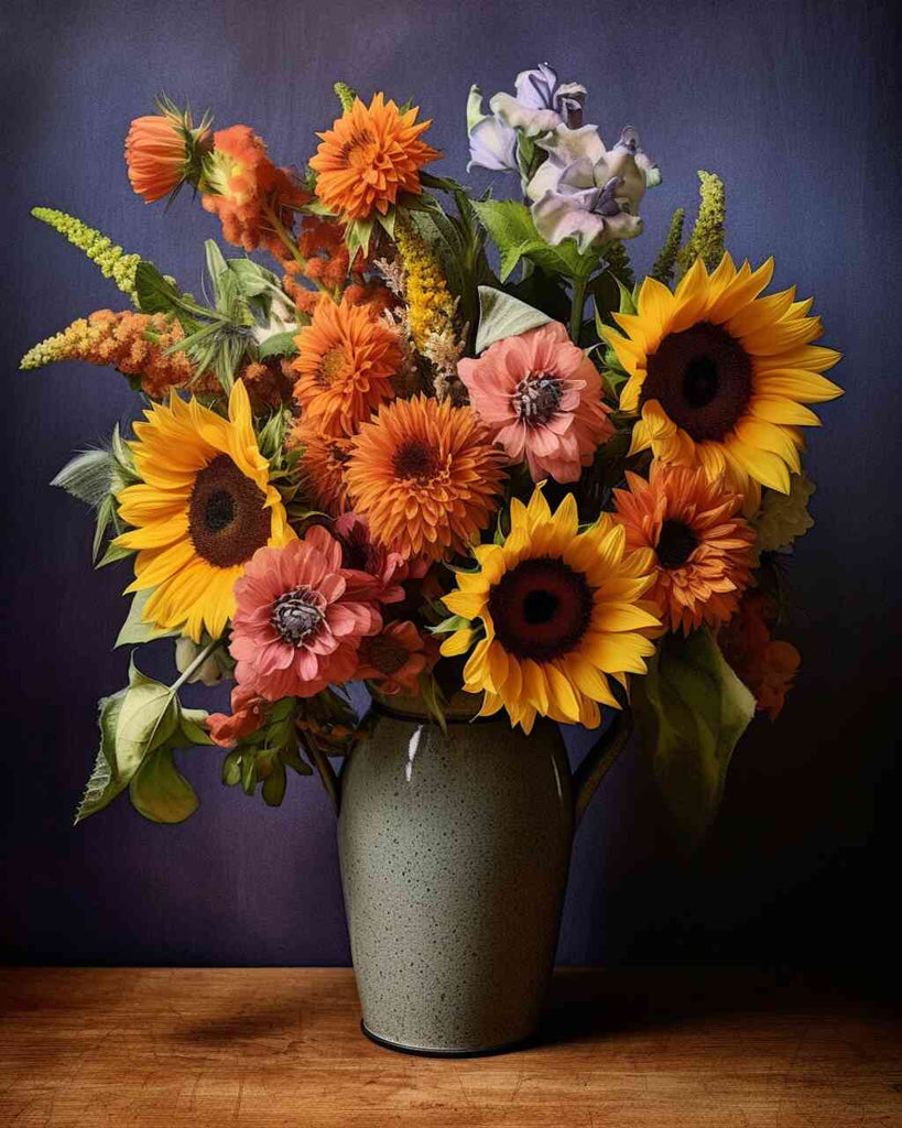 "DIY Diamond Painting - Summer Glow featuring vibrant sunflowers, orange tones, and pastel shades against a calm dark blue background."