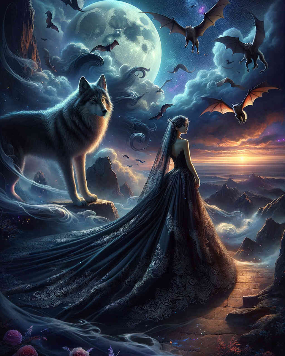 Wolf with woman in black — Diamond Painting Kit design