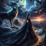Wolf with woman in black — Diamond Painting Kit design