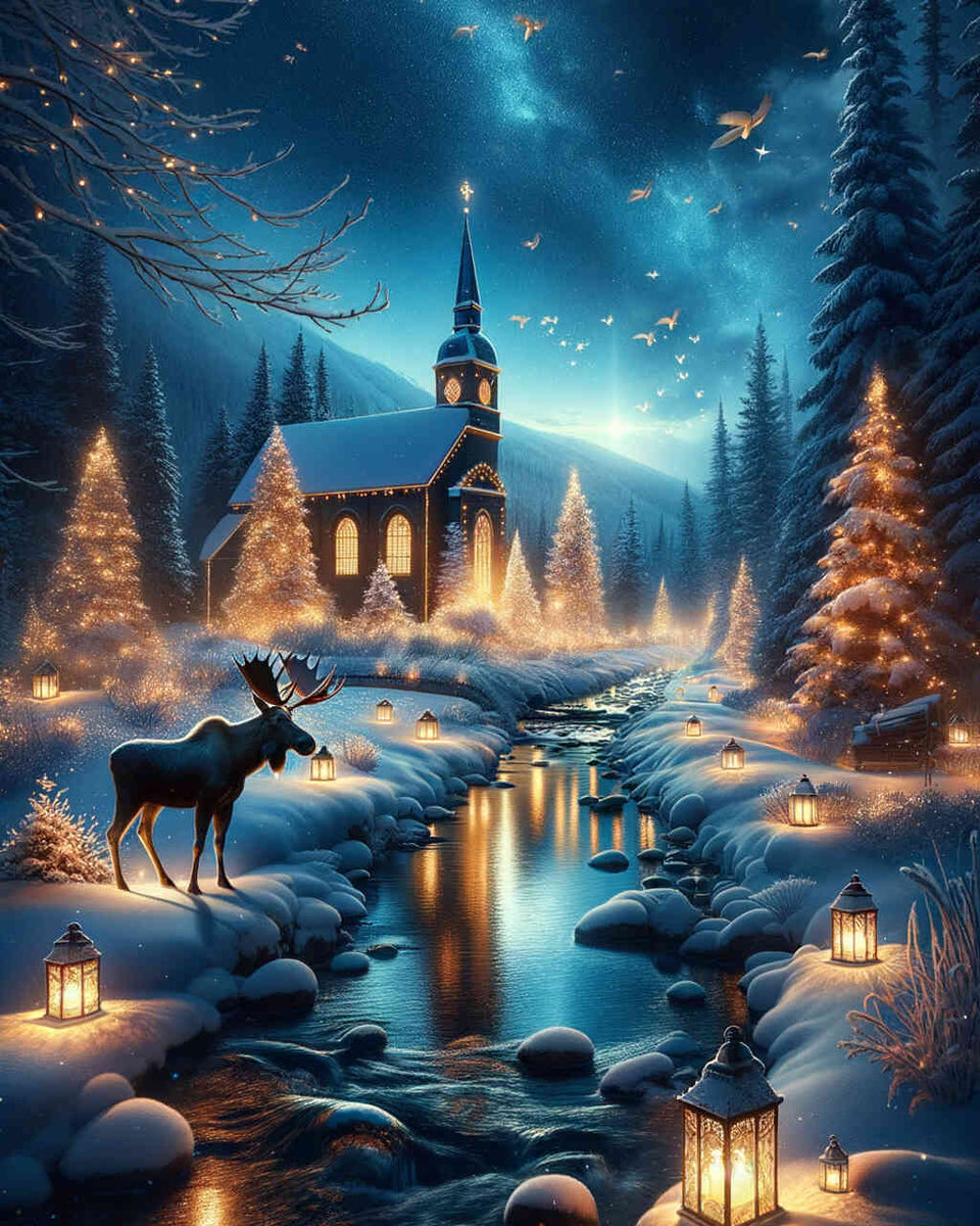 Church in Winter, Elks — Diamond Painting Kit design