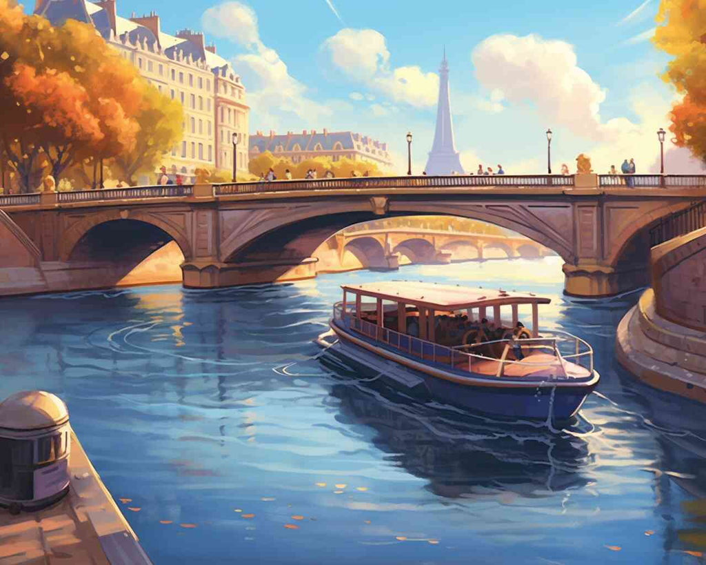 DIY Diamond Painting - Parisian autumn magic with boat on Seine, historic bridge, colorful leaves, and Eiffel Tower in the background