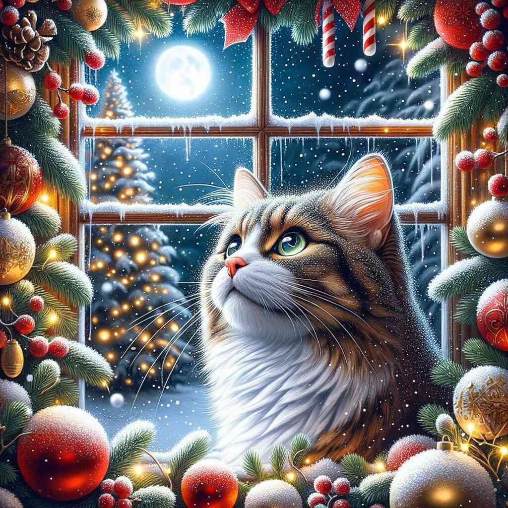 Christmas cat in front of window — Diamond Painting Kit design