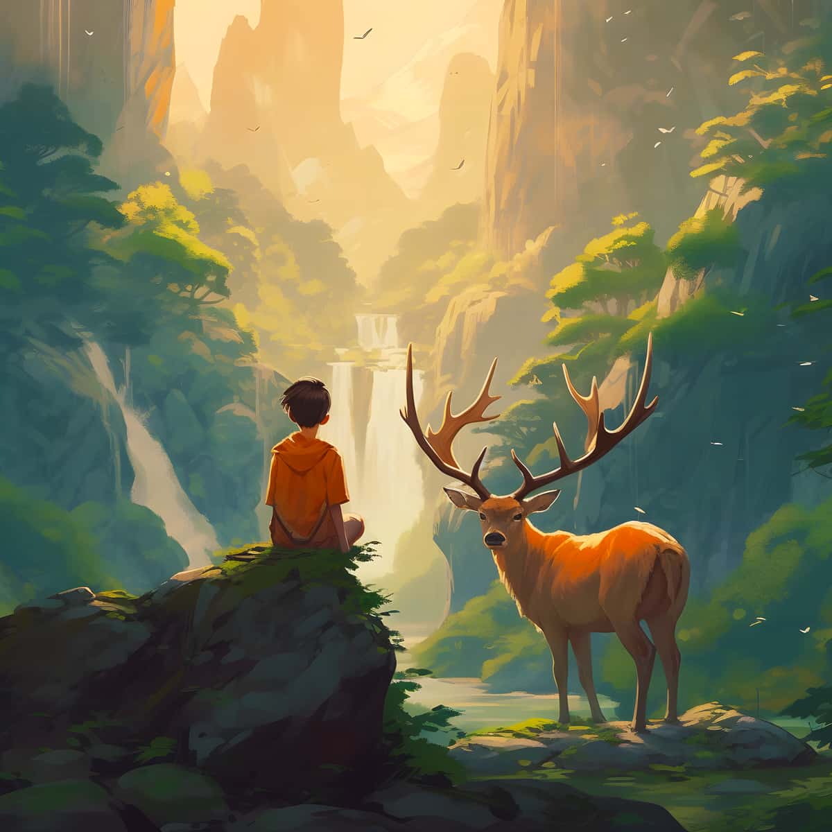 Boy with deer in the forest — Diamond Painting Kit design
