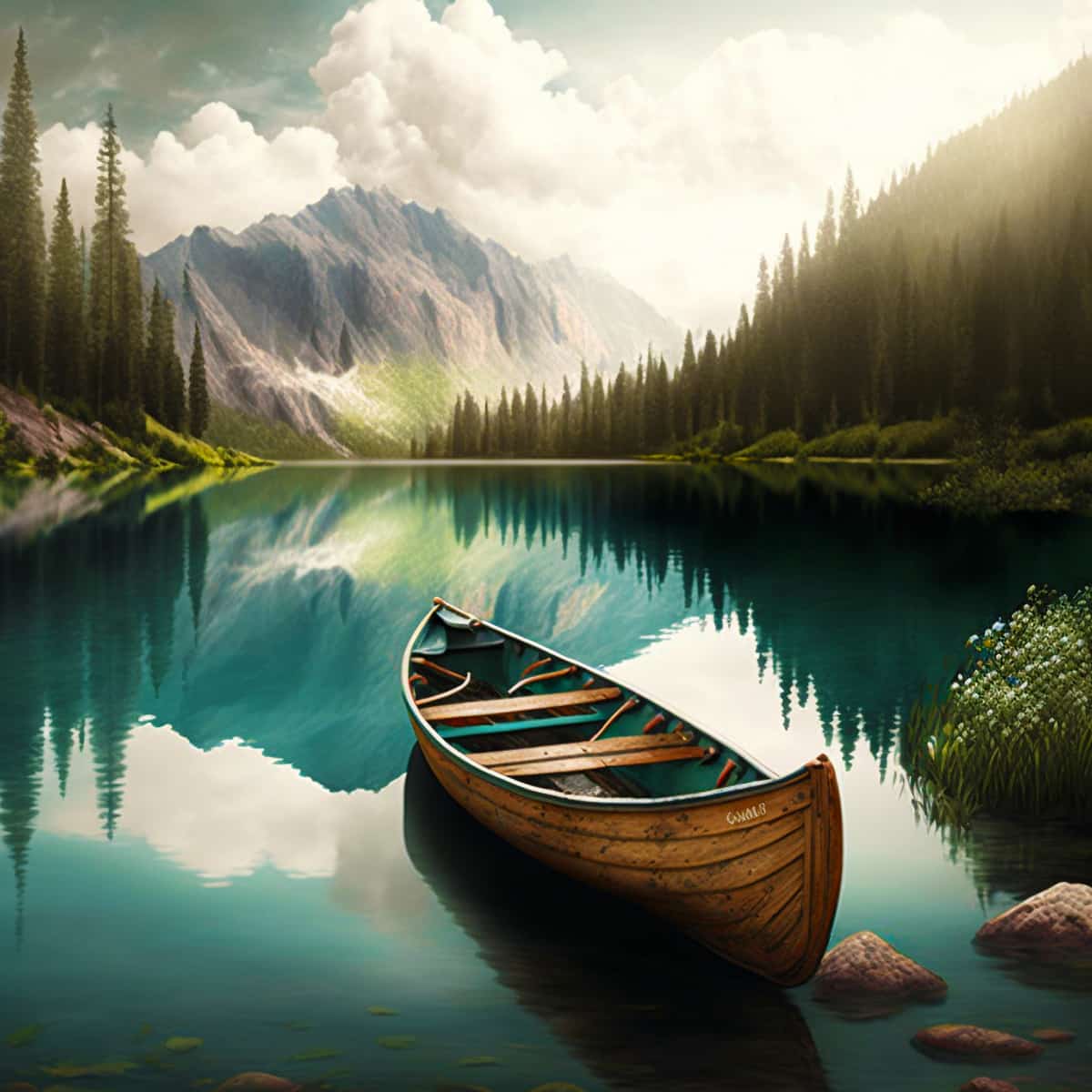 Three boats in a mountain lake — Diamond Painting Kit design