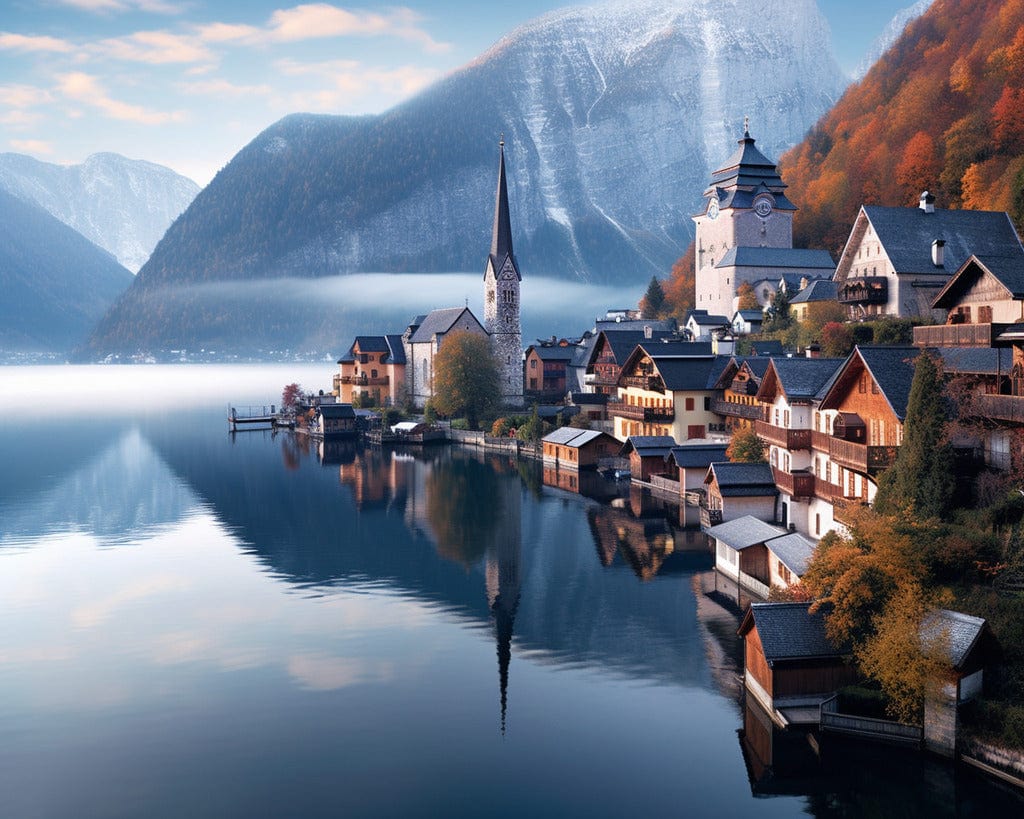 Village on a mountain lake with water reflection — Diamond Painting Kit design