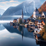 Village on a mountain lake with water reflection — Diamond Painting Kit design