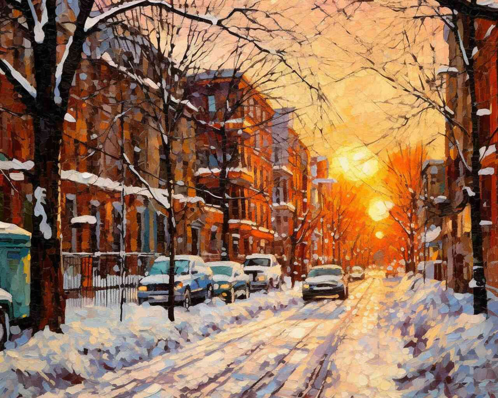 Winter glow at dusk diamond painting of snowy street scene at sunset with golden rays, warm oranges, reds, cool blues, and whites