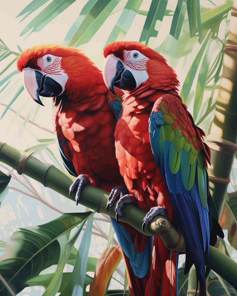 Two parrots in vibrant red and green perched on a bamboo branch, set against a tropical backdrop with lush leaves and soft light in the DIY diamond painting.