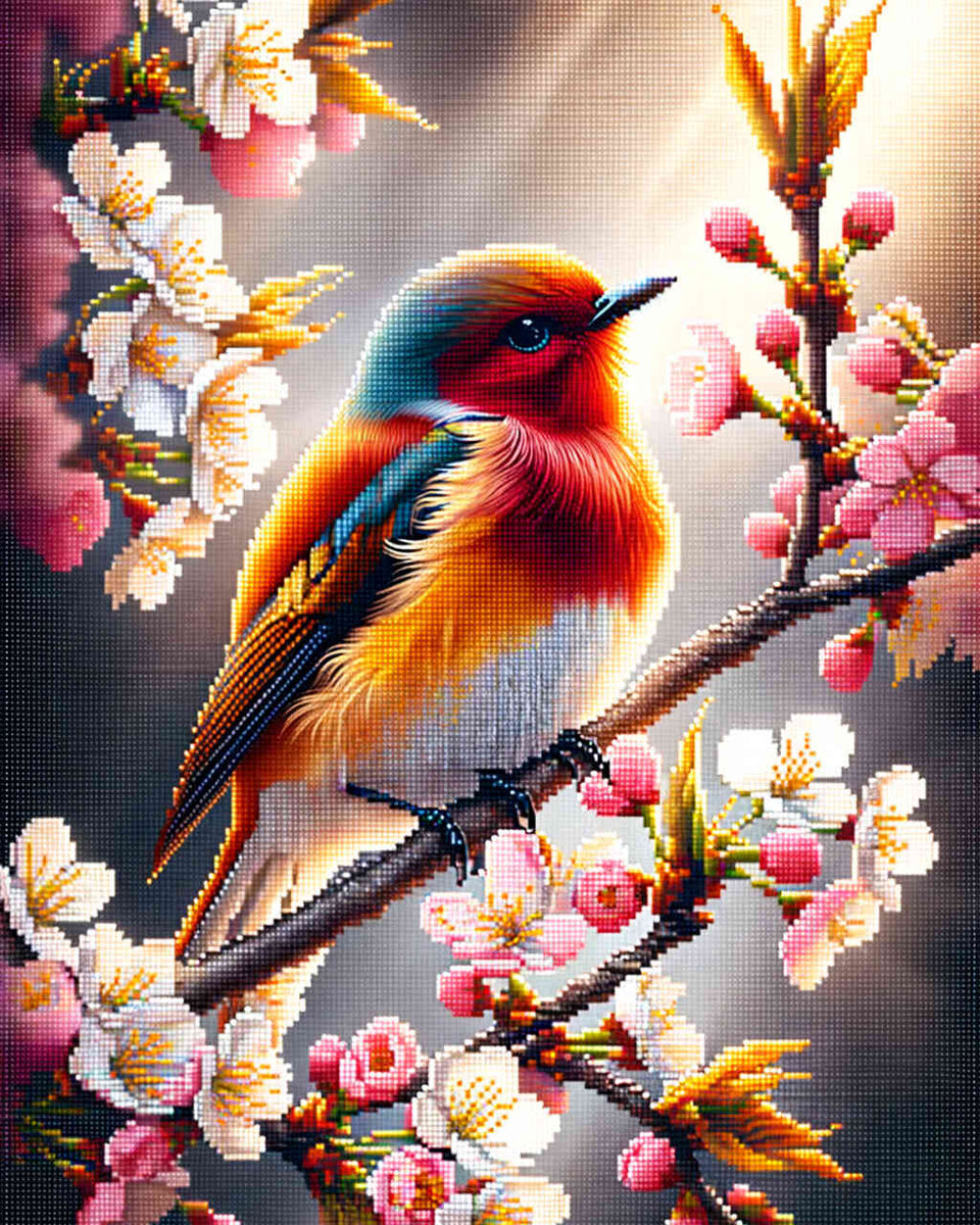 Bird on a cherry tree branch — Diamond Painting Kit design
