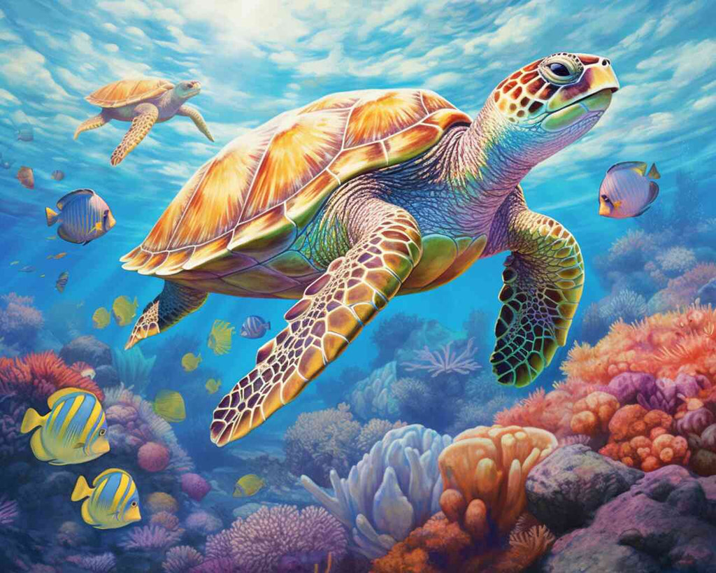 DIY diamond painting of an underwater scene featuring a majestic sea turtle, vibrant coral reefs, and colorful fish swimming in blue waters.