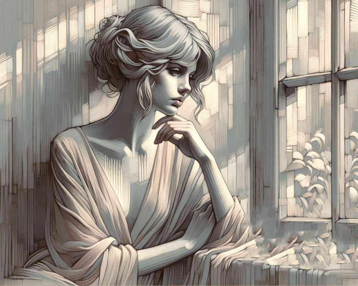 Thinking of you: Woman looks out of window — Diamond Painting Kit design