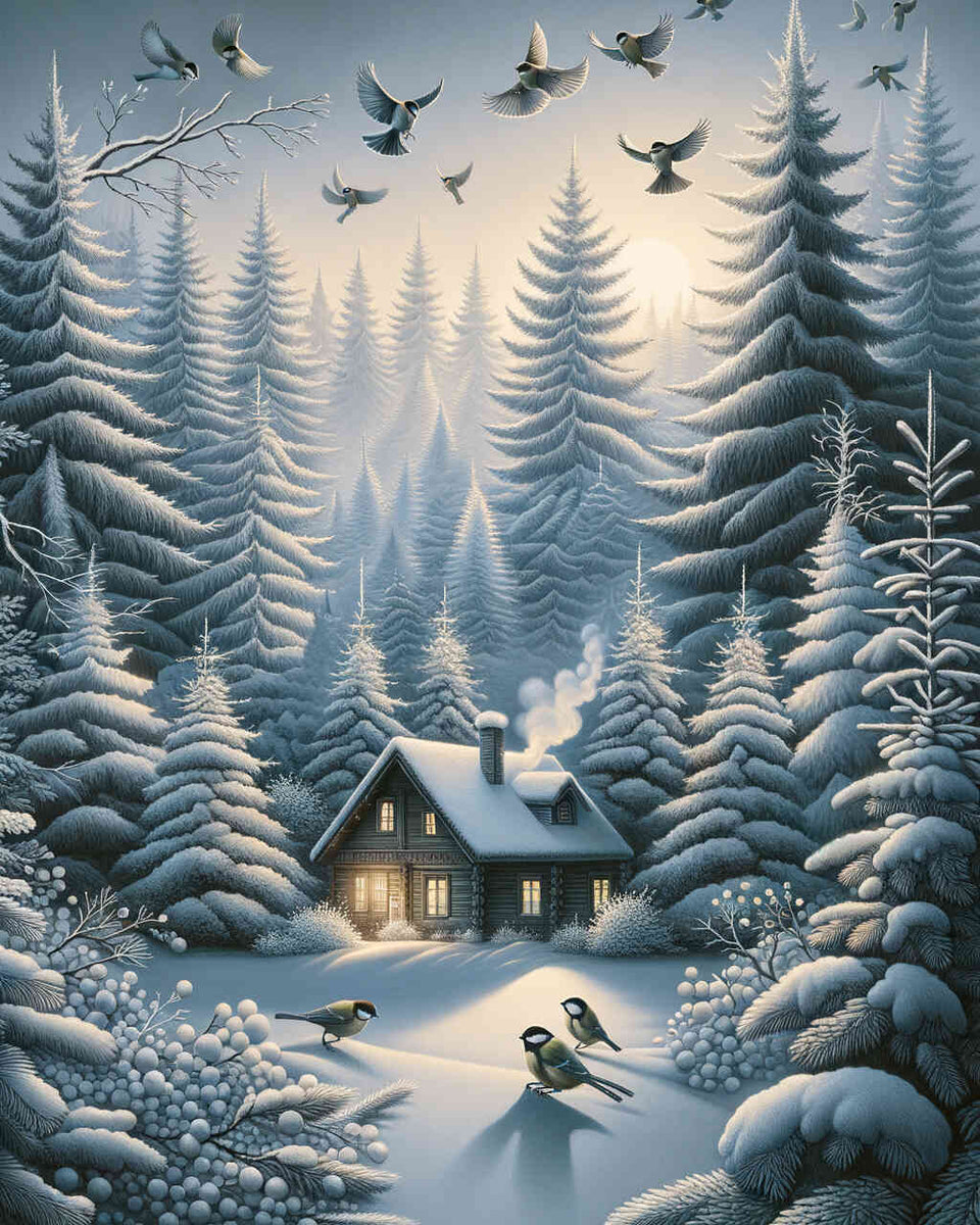 House in snowy fir trees — Diamond Painting Kit design