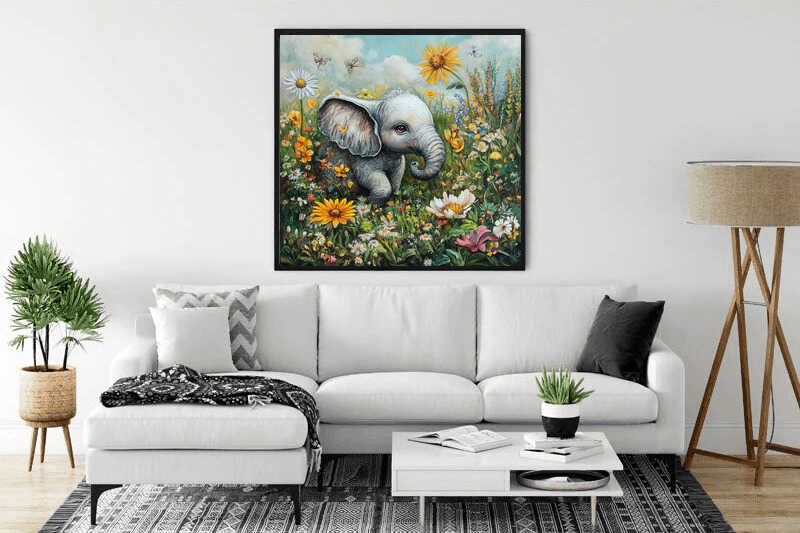 Baby Elephant in Spring Flowers — Diamond Painting Kit, product view 2