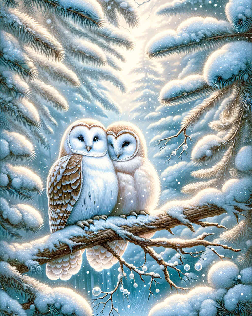 Pair of owls on a fir branch — Diamond Painting Kit design