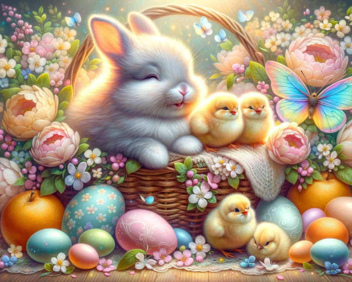 Bunny and Chick in a Basket — Diamond Painting Kit design